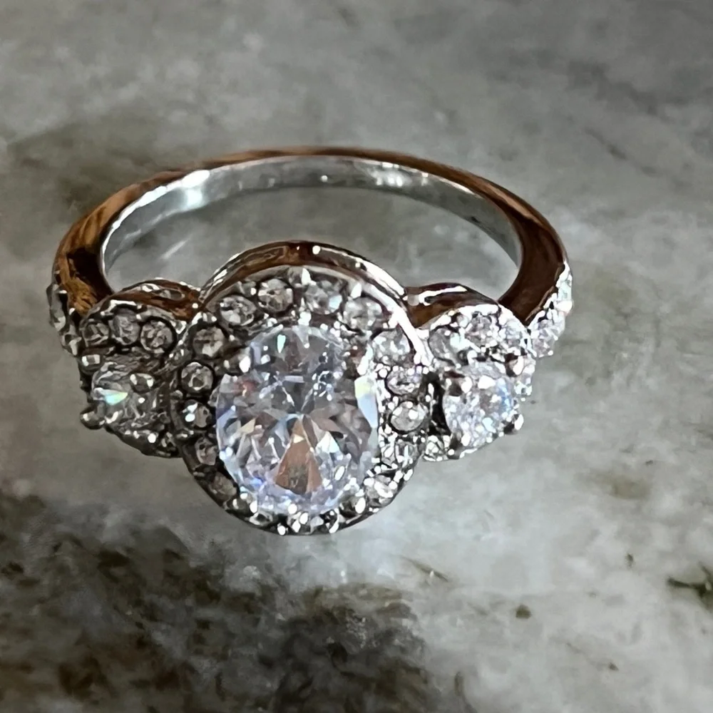 Swarovski Crystal Ring Rhodium-Plated Three-Stone Ring with Clear Crystals - Picture 7 of 11